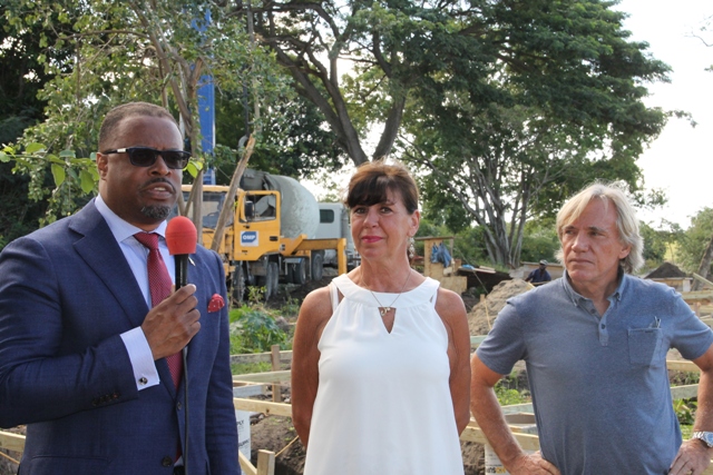 (l-r) Acting Premier of Nevis and Minister of Tourism Hon. Mark Brantley; Paradise Beach, Nevis General Manager Donna Woolfenden and Project Manager Peter Tantram at the site of the resort’s expansion works on January 09, 2017